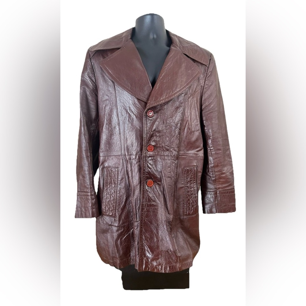 Men's 70s Disco Brown Leather Trench Coat Starsky and Hutch Style Sz 42